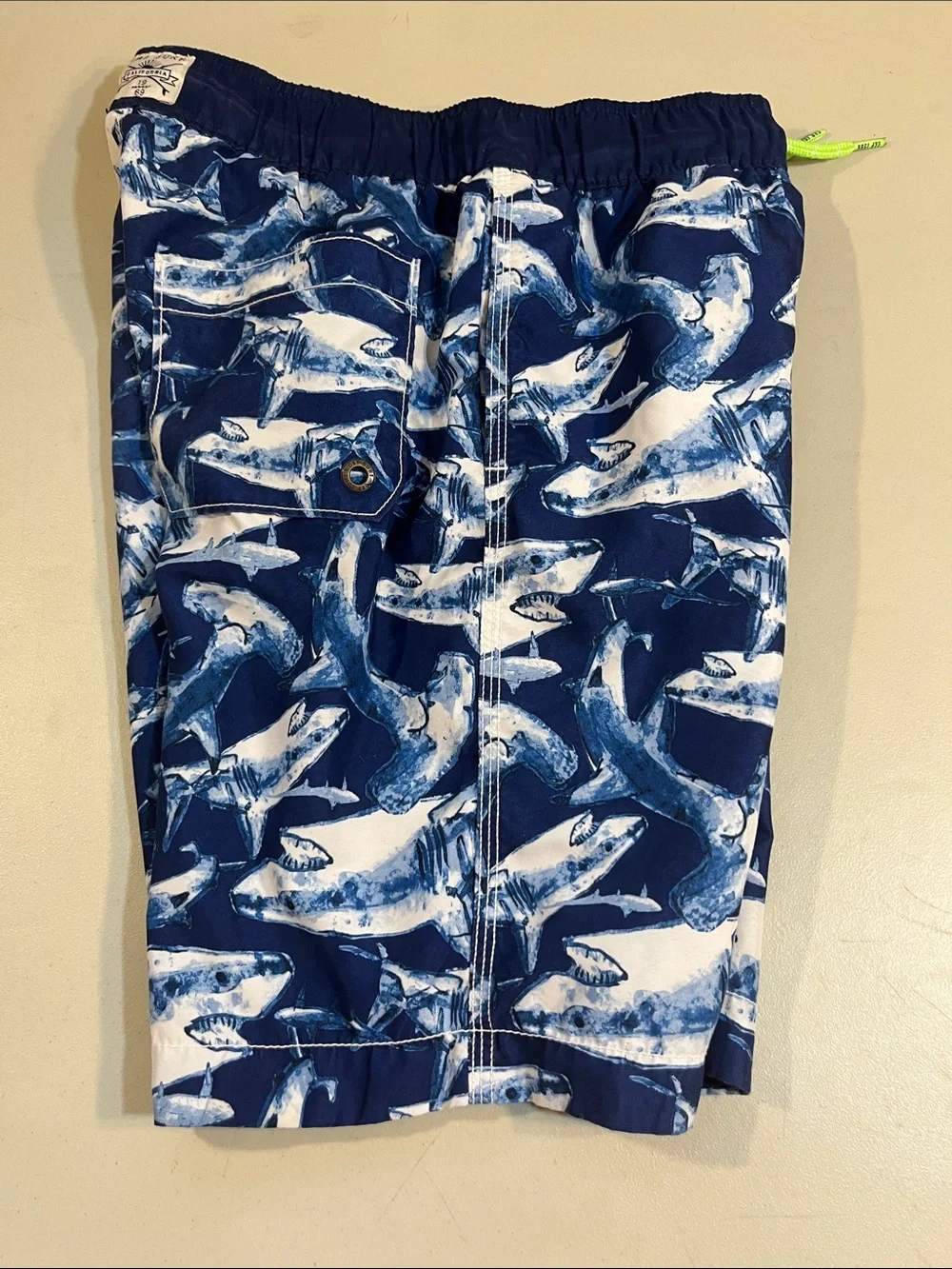 GAP Navy & White Shark Print Swim Shorts with Neon Drawstring